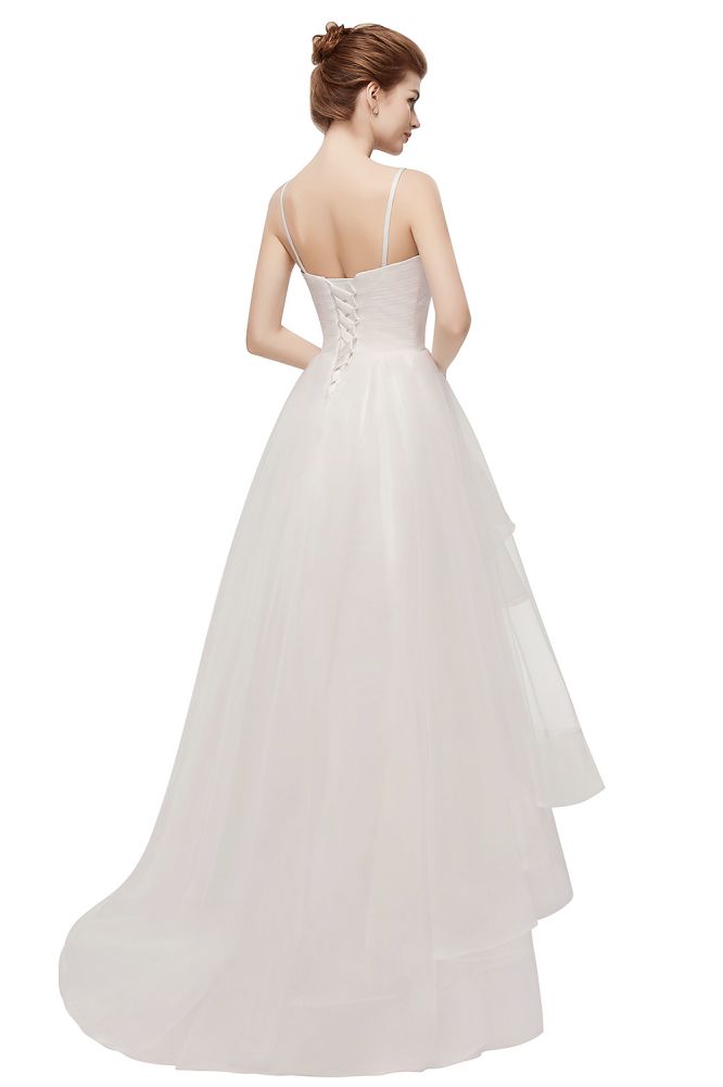 Vestidos de novia color marfil con escote en forma de corazón, corte A, corte alto-bajo, tul espagueti y volantes