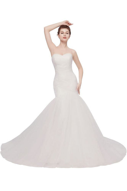 Ivory Tulle Sweetheart Mermaid Strapless Wedding Dresses with Lace-up