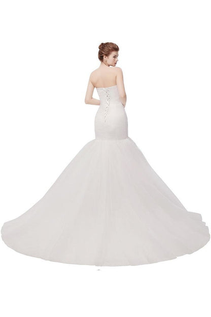 Ivory Tulle Sweetheart Mermaid Strapless Wedding Dresses with Lace-up