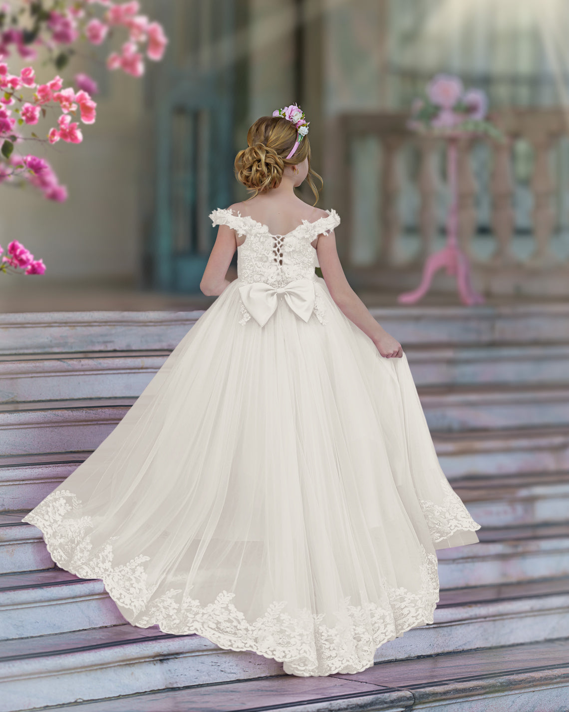Vestido de fiesta/princesa de encaje con cola larga, color rosa, para cumpleaños