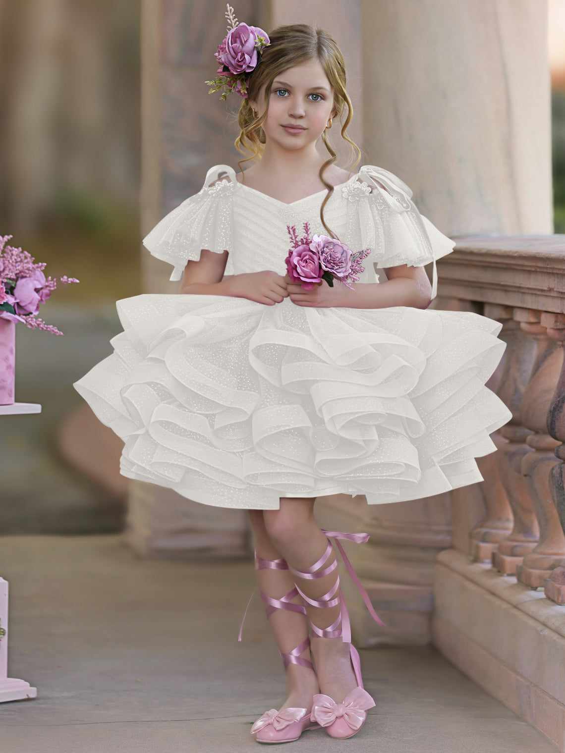 Vestido de fiesta/princesa de tul hasta la rodilla para niña de las flores de cumpleaños