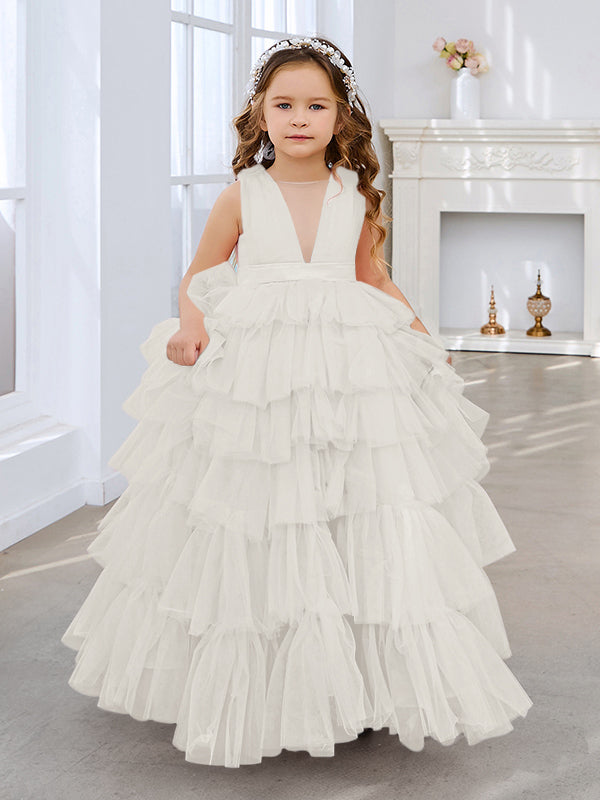 Vestido de fiesta/princesa rosa perla sin mangas con lazo de tul para niña de las flores