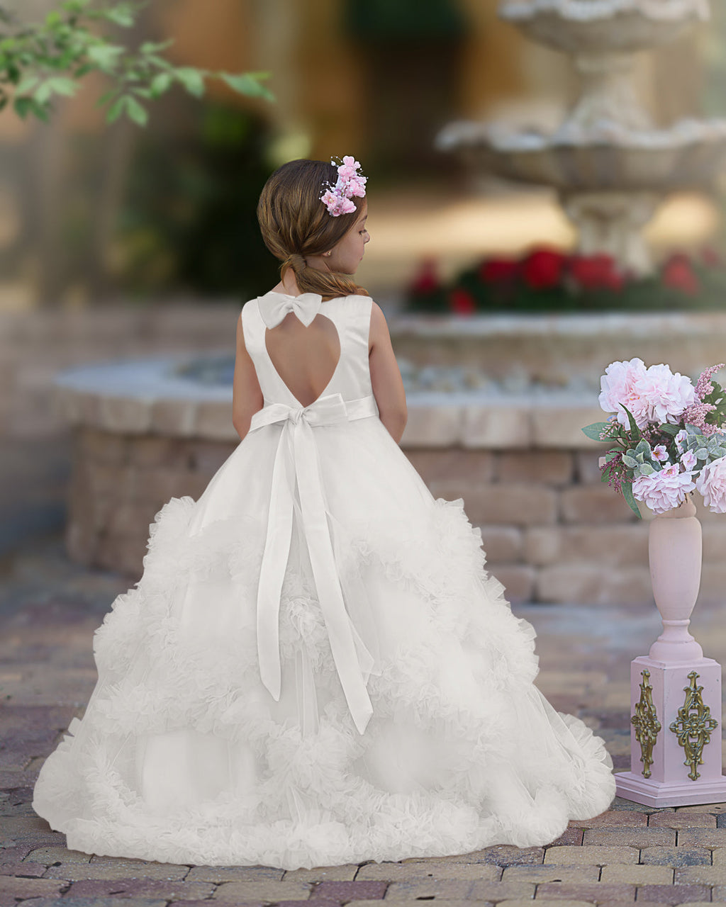 A-Linie Satin Tüll Bodenlang Kaskadierende Rüschen Blumenmädchenkleid
