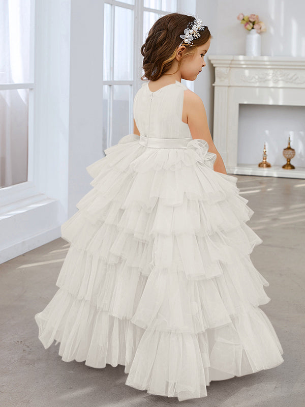 Vestido de fiesta/princesa rosa perla sin mangas con lazo de tul para niña de las flores