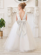 Ballkleid/Princess-Linie 3D-Blumen Tüll Bodenlang Elfenbein Blumenmädchenkleid 