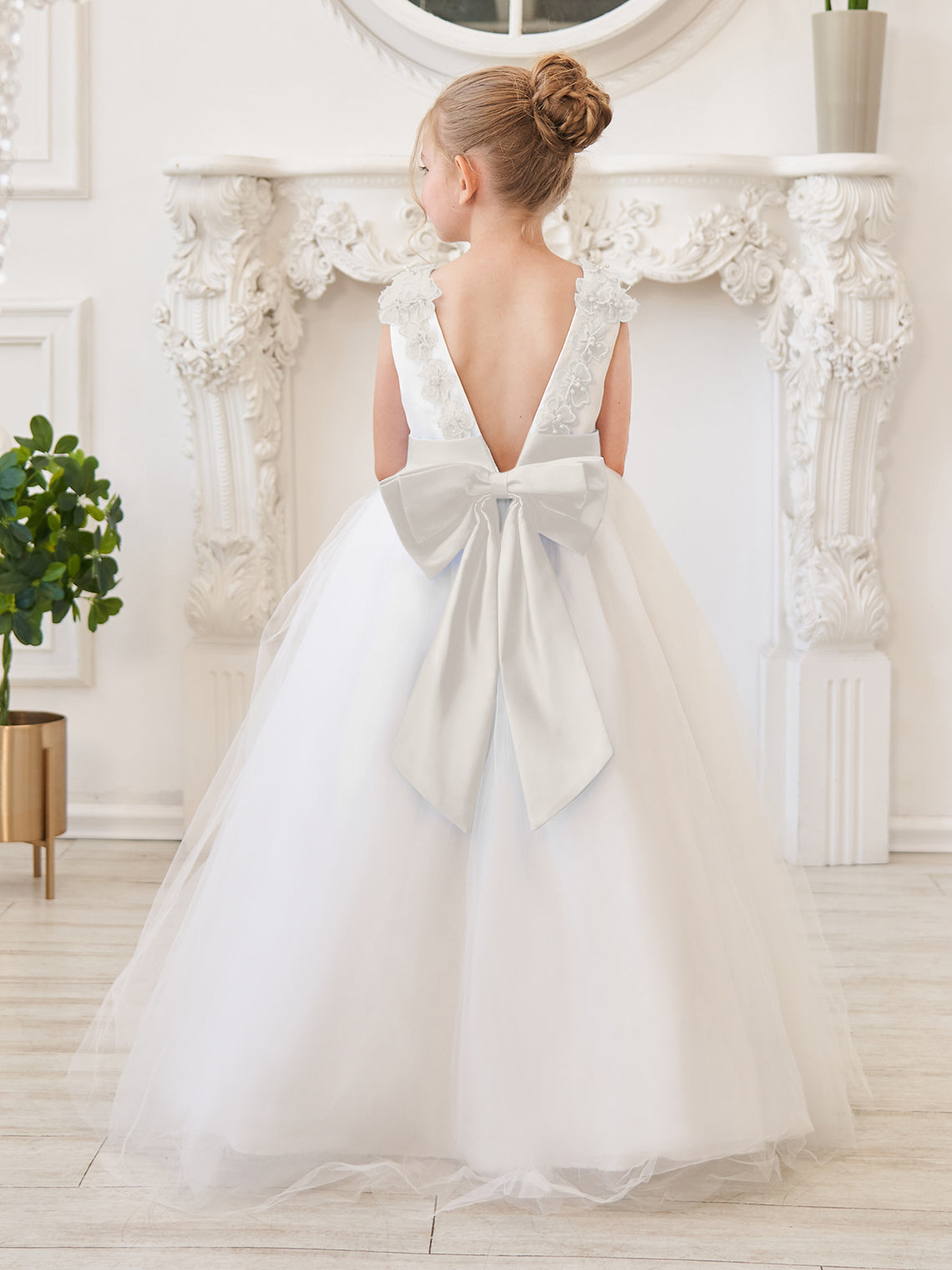 Ballkleid/Princess-Linie 3D-Blumen Tüll Bodenlang Elfenbein Blumenmädchenkleid 