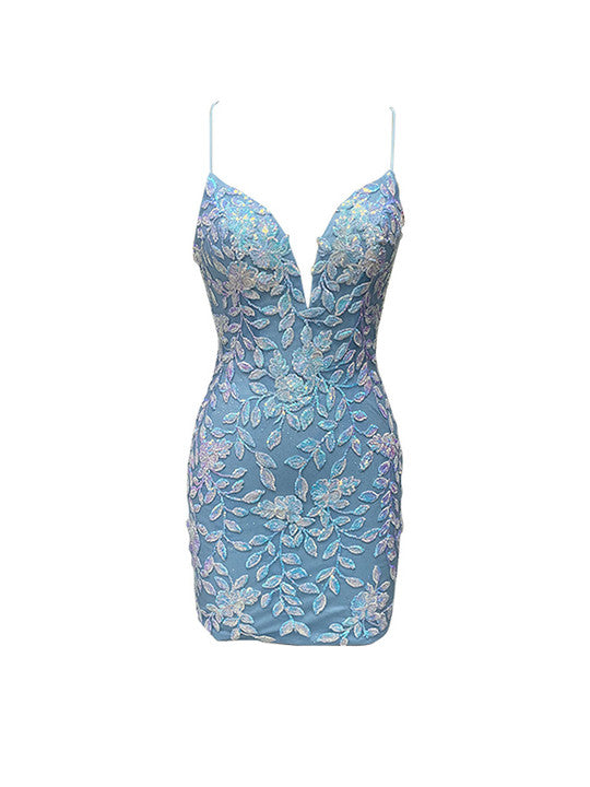 Vestidos de baile de renda azul com decote em V justos