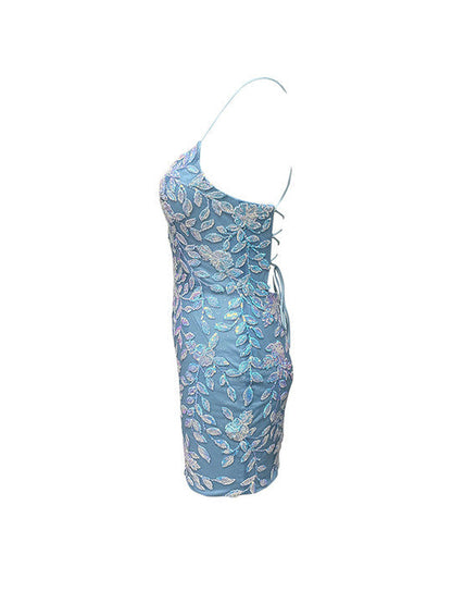 Vestidos de baile de renda azul com decote em V justos