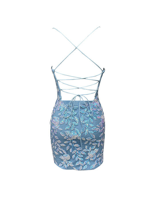 Vestidos de baile de renda azul com decote em V justos