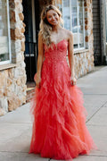 Jaize | Gentle Tulle Coral Strapless Layered Prom Dress with Applique