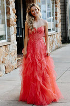 Jaize | Gentle Tulle Coral Strapless Layered Prom Dress with Applique