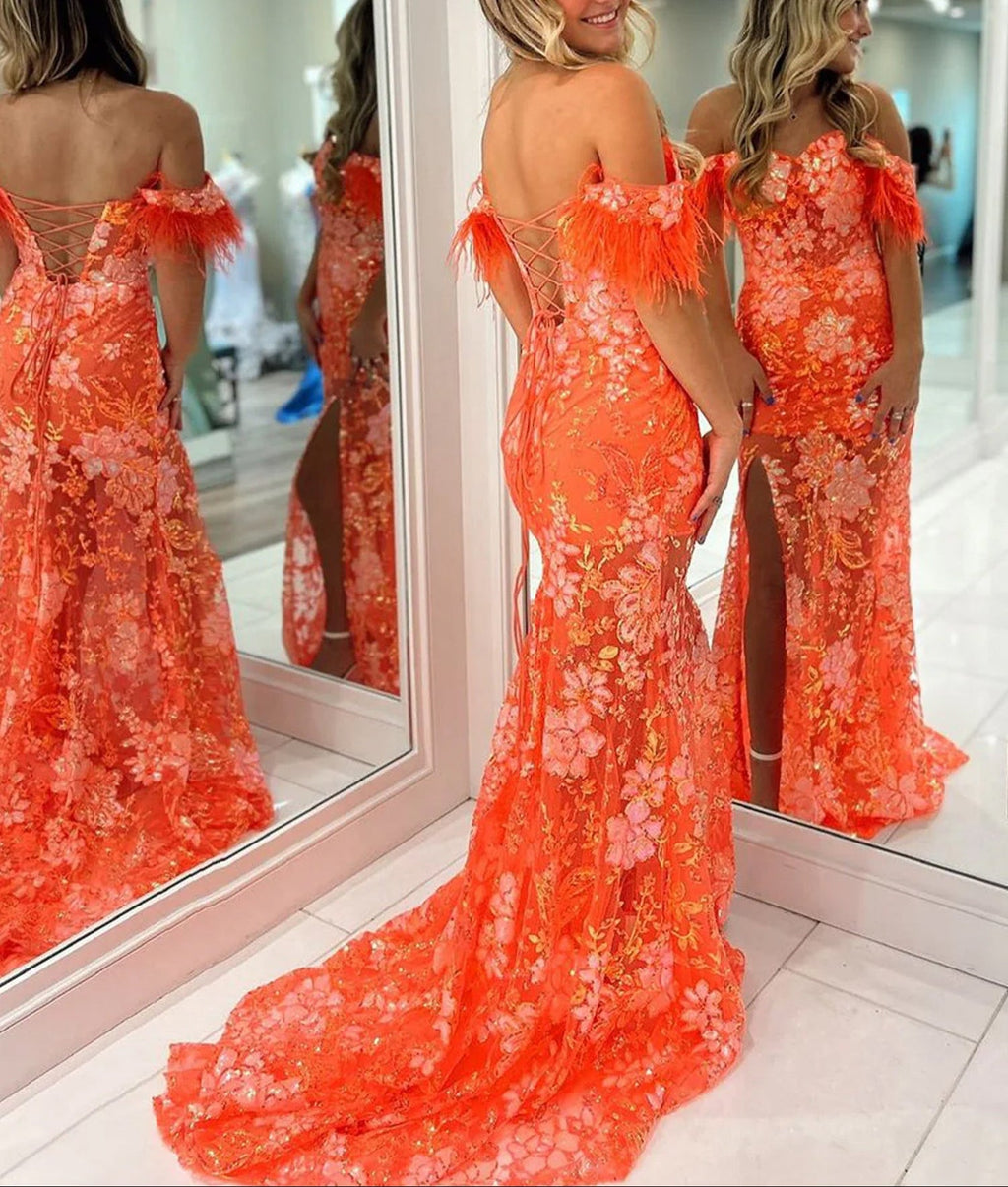 Jalea | Vestidos de fiesta largos de encaje con escote sirena y abertura en color naranja