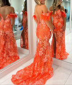 Jalea | Vestidos de fiesta largos de encaje con escote sirena y abertura en color naranja