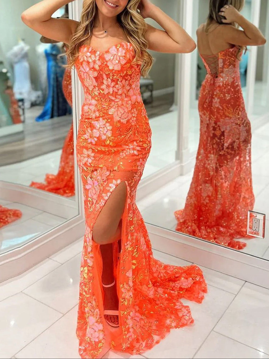 Jalea | Vestidos de fiesta largos de encaje con escote sirena y abertura en color naranja
