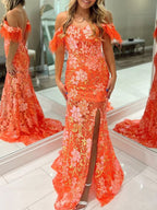 Jalea | Vestidos de fiesta largos de encaje con escote sirena y abertura en color naranja