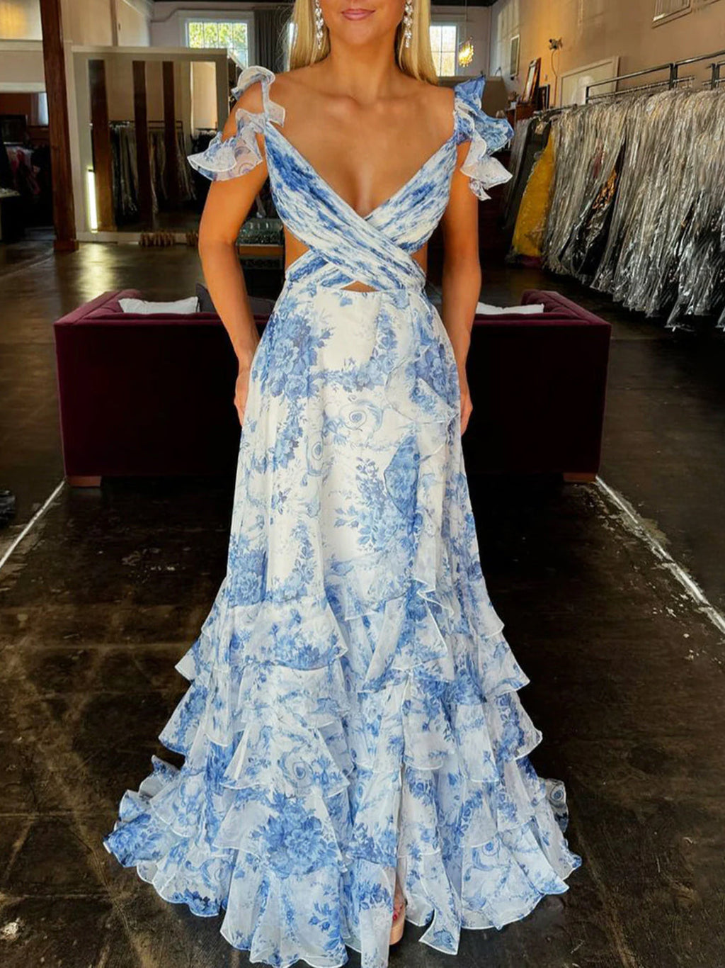 Vestido de fiesta de gasa con escote en V, corte A y estampado floral, con abertura y estilo jazz