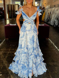 Vestido de fiesta de gasa con escote en V, corte A y estampado floral, con abertura y estilo jazz