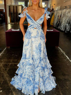 Vestido de fiesta de gasa con escote en V, corte A y estampado floral, con abertura y estilo jazz