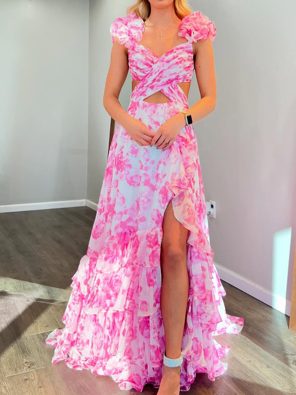 Vestido de fiesta de gasa con escote en V, corte A y estampado floral, con abertura y estilo jazz