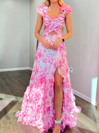 Vestido de fiesta de gasa con escote en V, corte A y estampado floral, con abertura y estilo jazz