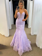 Jennon | Vestidos de fiesta largos de tul con encaje lavanda y escote en V estilo sirena
