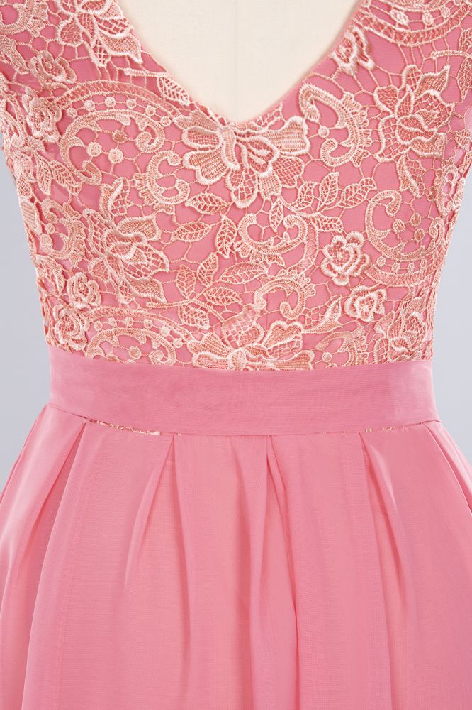 Vestidos de fiesta sencillos con volantes y encaje floral | Vestidos de noche coral sin mangas y corte A