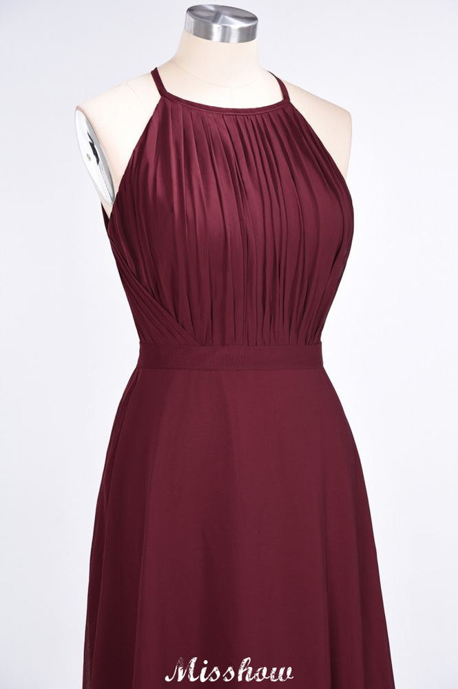 Vestido de dama de honor largo hasta el suelo, sin mangas, con volantes y corte espagueti.