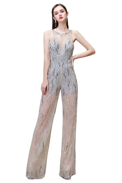 Jewel Sleeveless Tulle Evening Jumpsuit with Sequins