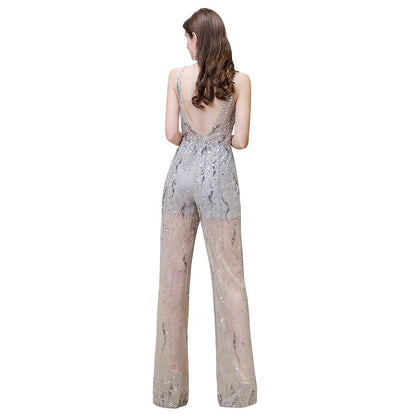 Jewel Sleeveless Tulle Evening Jumpsuit with Sequins