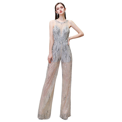 Jewel Sleeveless Tulle Evening Jumpsuit with Sequins