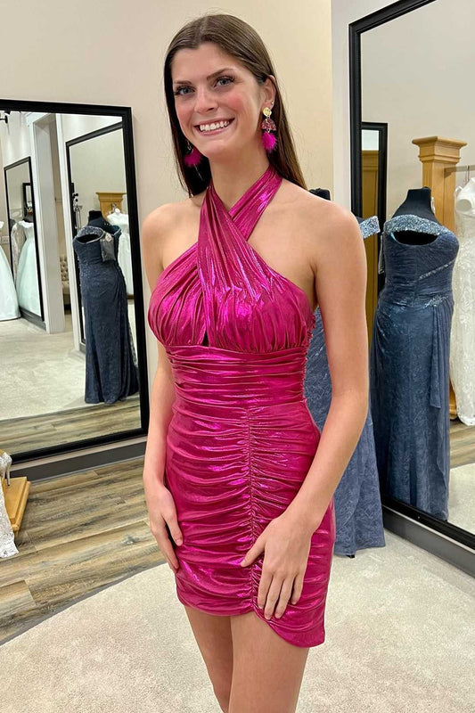 Maxine | Vestido de fiesta corto fruncido con cuello halter en rosa neón