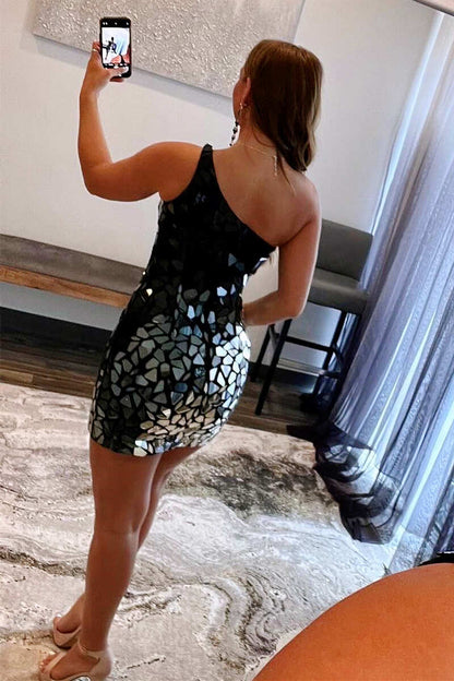 Gradient Cut Glass Mirror One-Shoulder Short Dress