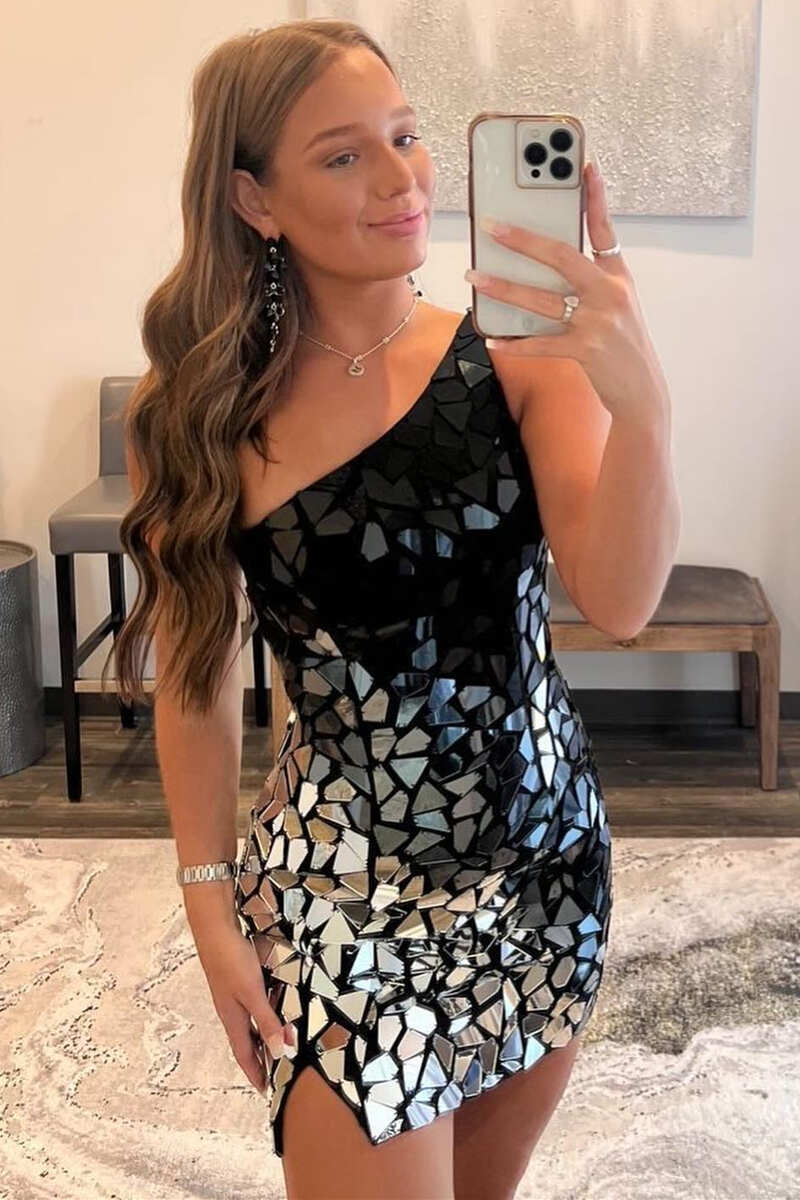 Mina | Vestido corto de un solo hombro con efecto espejo de cristal tallado en degradado negro