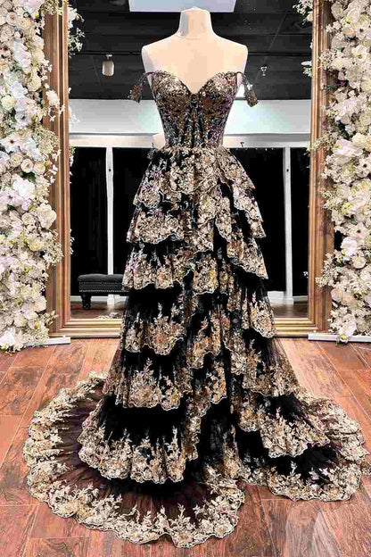 Kaira | Gold Off the Shoulder Sequin Long Prom Dress with Slit