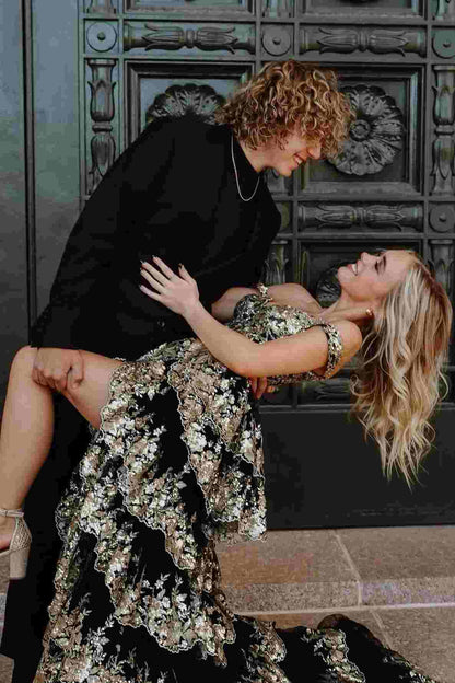 Kaira | Gold Off the Shoulder Sequin Long Prom Dress with Slit