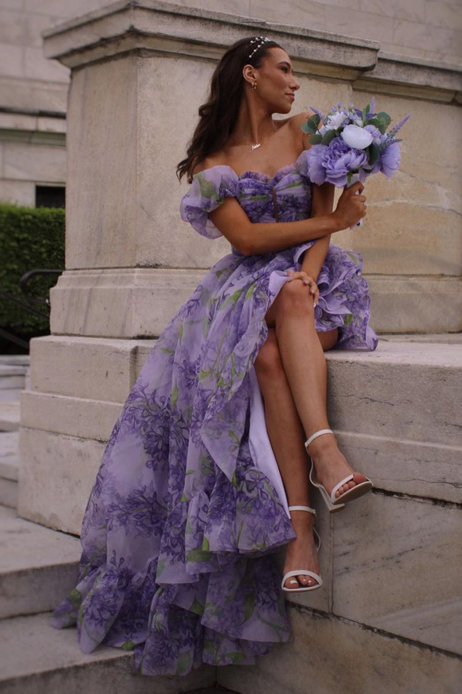 Kay | Vestido de fiesta floral sin tirantes, corte A y mangas desmontables