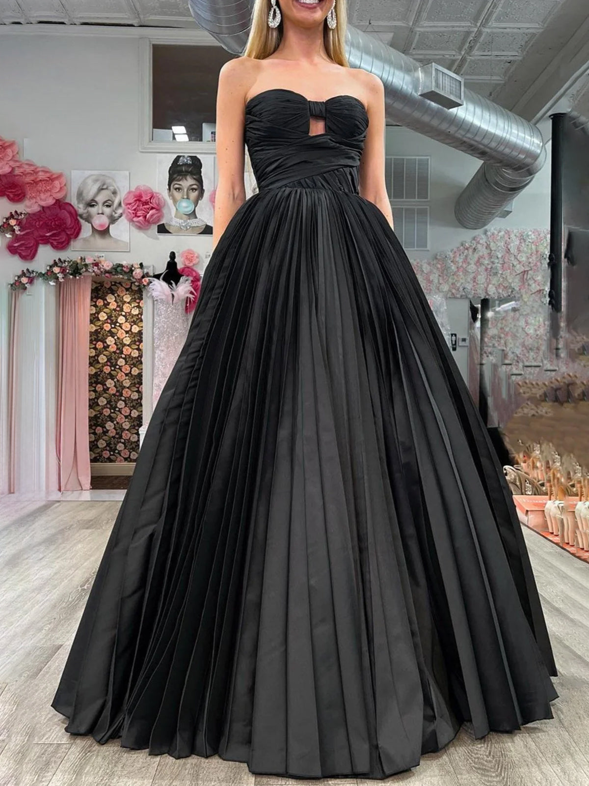 Kenji | Red Satin Strapless Keyhole Ball Gown