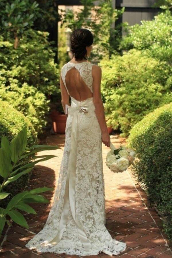 Vestido de novia de encaje, largo hasta el suelo, con escote en forma de cerradura en la espalda WD095