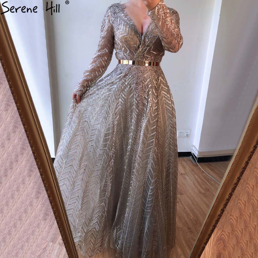 Khaki Muslim Arabia Kristall Perlen Abendkleider Kleider für Frau 2025 Langarm Abendkleid Design LA70430 
