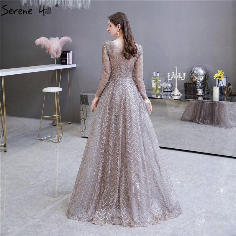 Khaki Muslim Arabia Kristall Perlen Abendkleider Kleider für Frau 2025 Langarm Abendkleid Design LA70430 