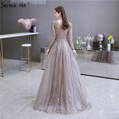 Khaki Muslim Arabia Kristall Perlen Abendkleider Kleider für Frau 2025 Langarm Abendkleid Design LA70430 