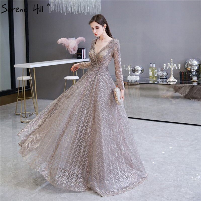 Khaki Muslim Arabia Kristall Perlen Abendkleider Kleider für Frau 2025 Langarm Abendkleid Design LA70430 