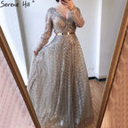 Khaki Muslim Arabia Kristall Perlen Abendkleider Kleider für Frau 2025 Langarm Abendkleid Design LA70430 