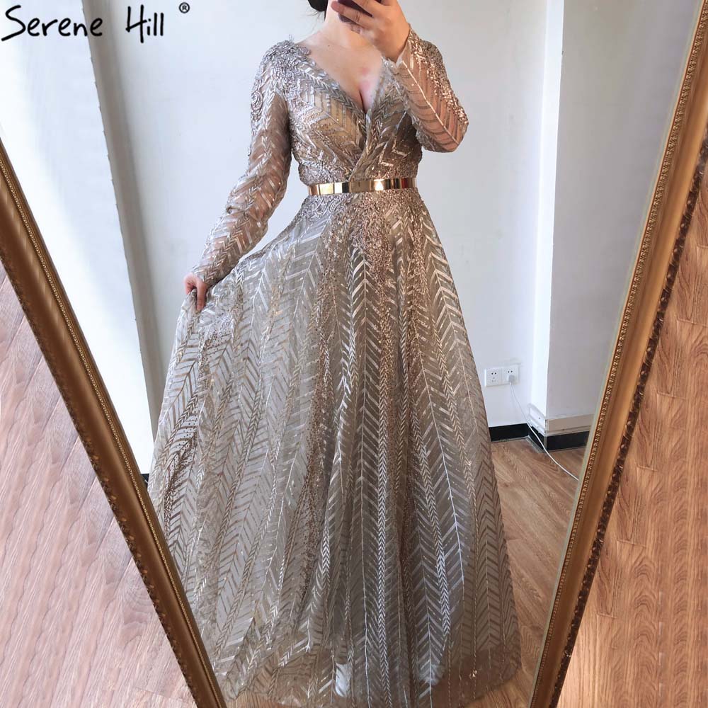 Khaki Muslim Arabia Kristall Perlen Abendkleider Kleider für Frau 2025 Langarm Abendkleid Design LA70430 