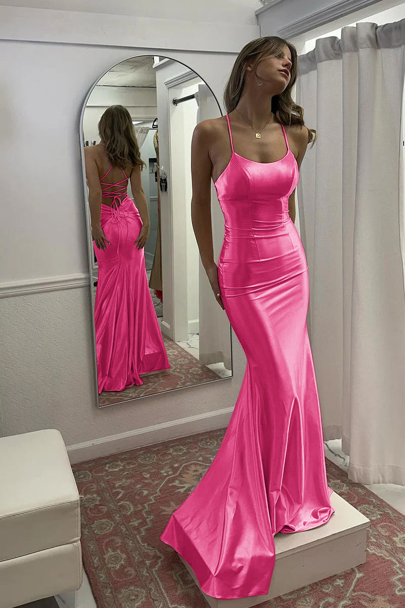 Kimia | Precioso vestido de fiesta largo de satén rosa con escote redondo y corte sirena