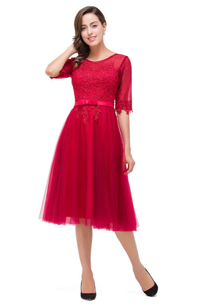 Knee-length Crew A-line Half Sleeve Sashes Bridesmaid Dresses