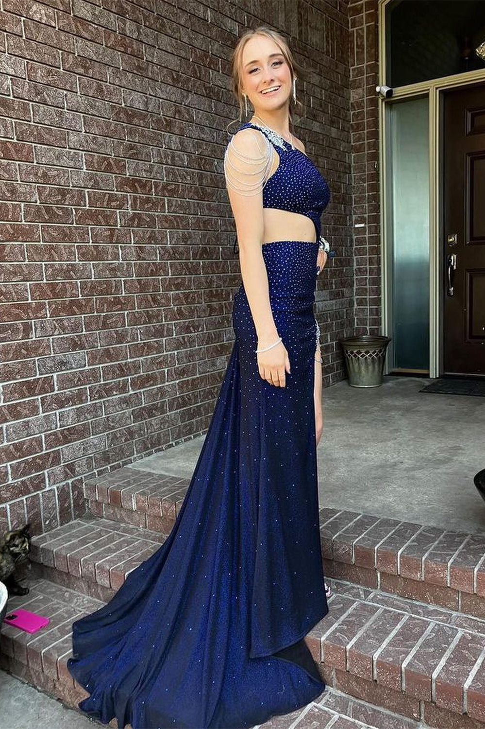 Itzel | Langes Ballkleid im Meerjungfrauenstil mit Schlitz und One-Shoulder-Träger in Jägergrün