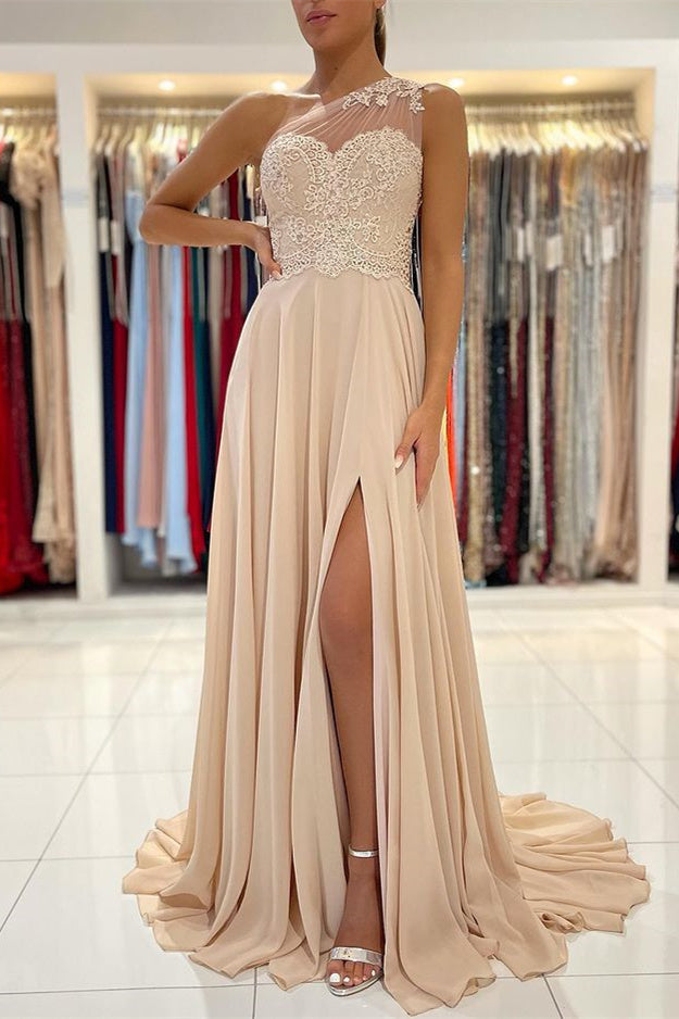 Ärmelloses A-Linien-Ballkleid mit Spitzenapplikationen und einer Schulter