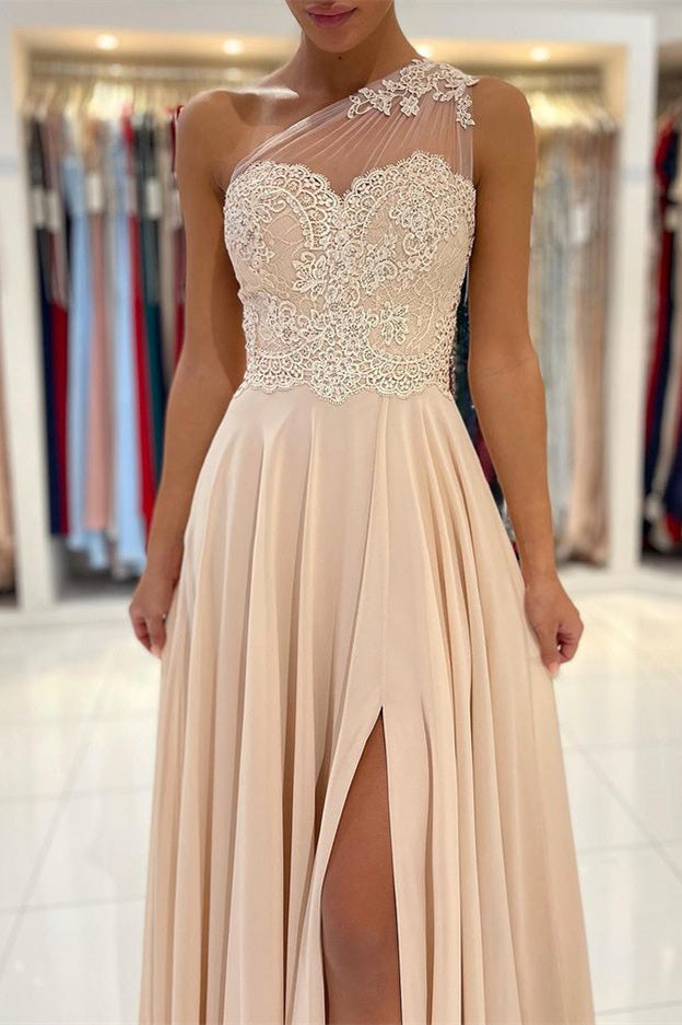Ärmelloses A-Linien-Ballkleid mit Spitzenapplikationen und einer Schulter