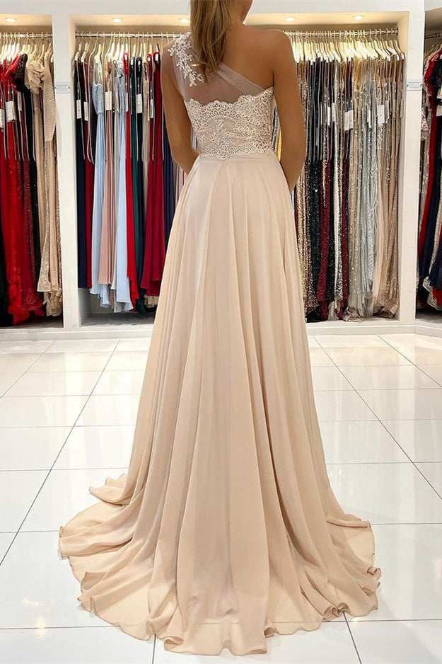 Ärmelloses A-Linien-Ballkleid mit Spitzenapplikationen und einer Schulter
